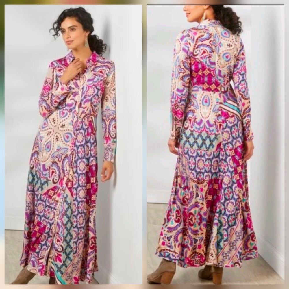 Soft Surroundings Palermo Soho Maxi Dress M Pink Paisley Button Front Boho